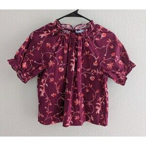 Hill House The Kit Top Women's Size XS Burgundy Botanical Short Sleeve Blouse